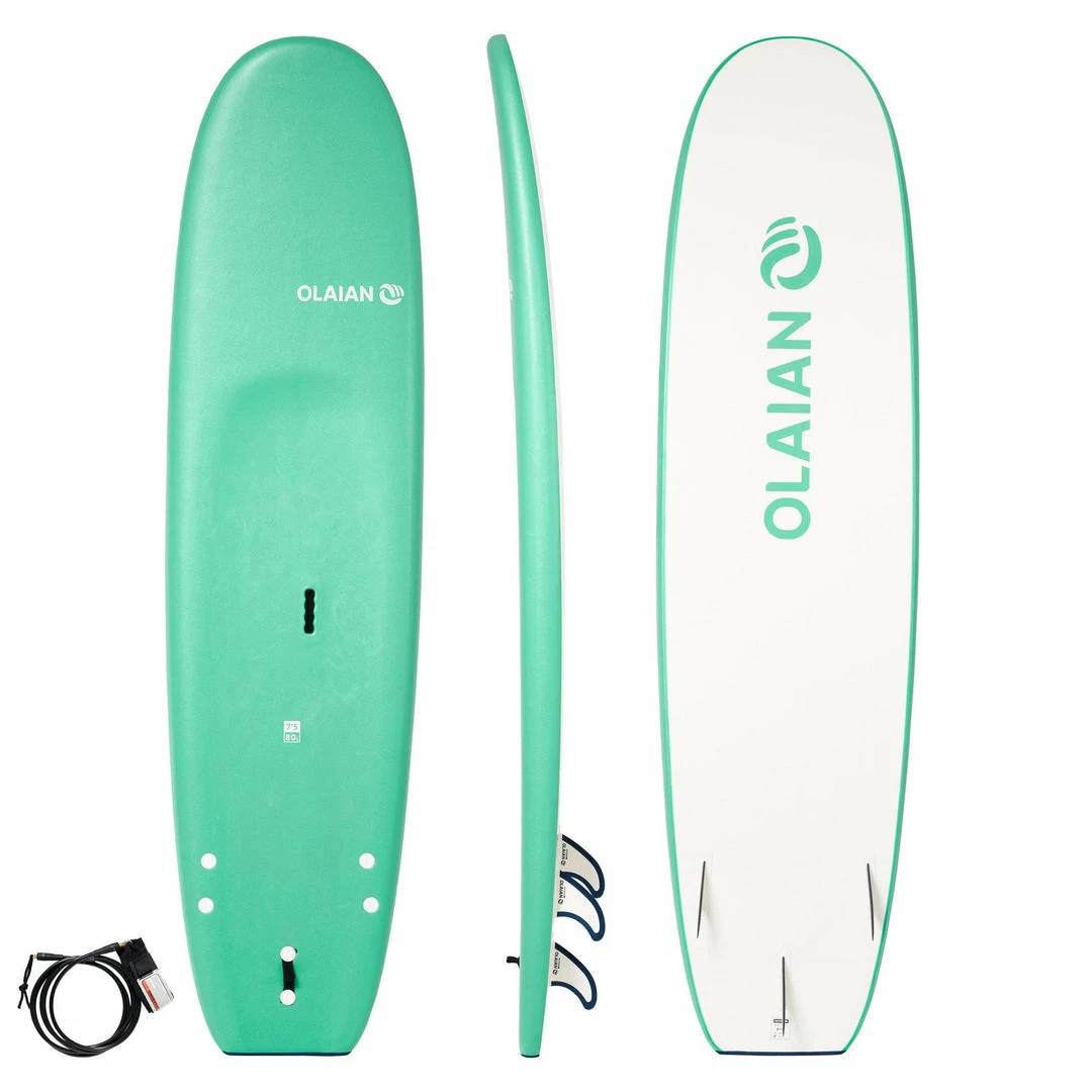 Surfing Decathlon Olaian 100 Foam Soft Surfboard 7'5 80L Concave W/ Handle, Leash & Soft Edge Fins