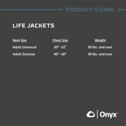 Onyx Universal Adjustable Life Jacket PFD Adult User>90lb
